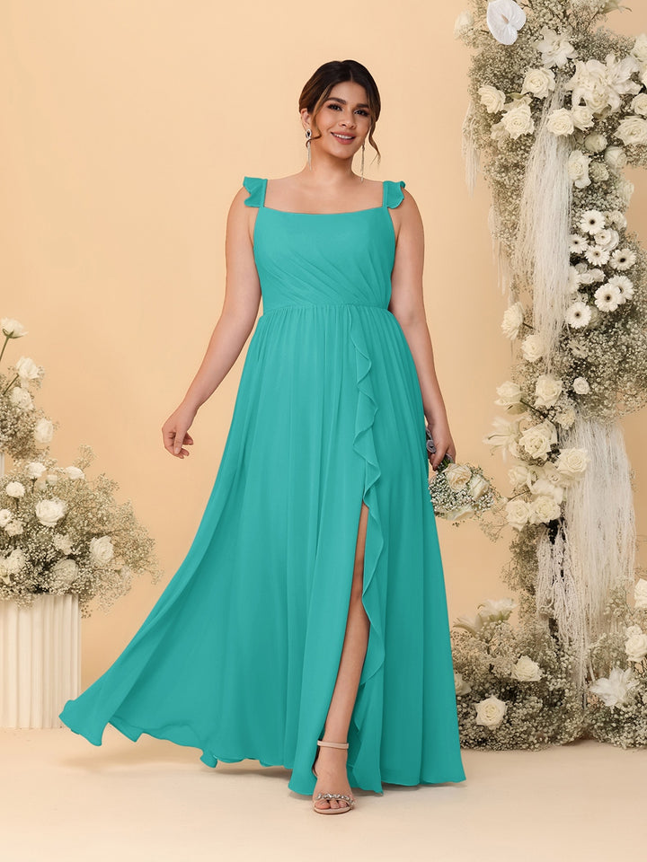 A-Line/Princess Square Neck Sleeveless Plus Size Bridesmaid Dresses With Side Slit &amp; Ruffles