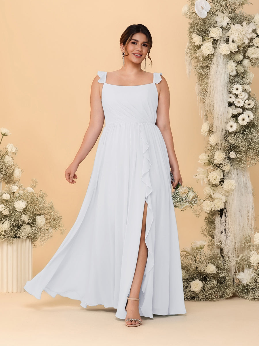 A-Line/Princess Square Neck Sleeveless Plus Size Bridesmaid Dresses With Side Slit &amp; Ruffles