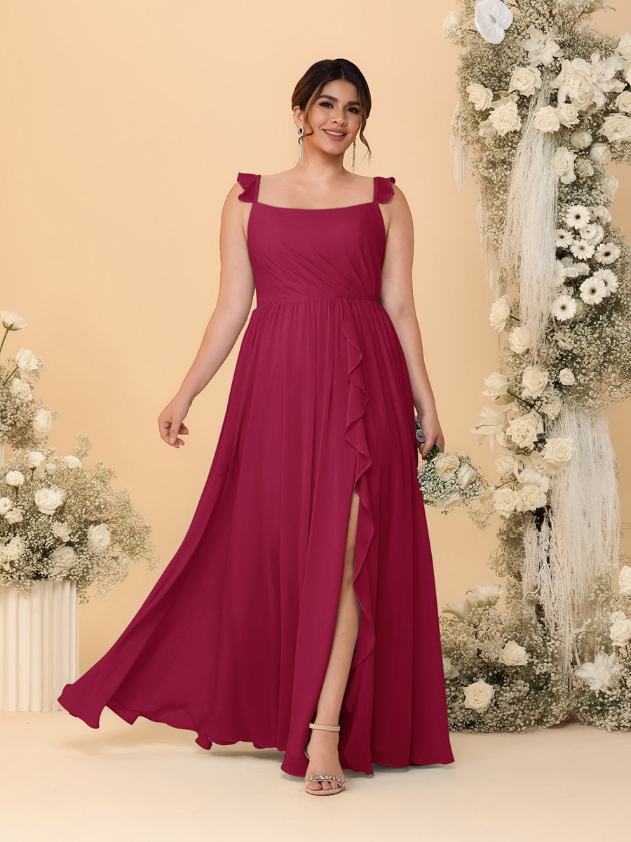 A-Line/Princess Square Neck Sleeveless Plus Size Bridesmaid Dresses With Side Slit &amp; Ruffles