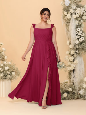 A-Line/Princess Square Neck Sleeveless Plus Size Bridesmaid Dresses With Side Slit & Ruffles