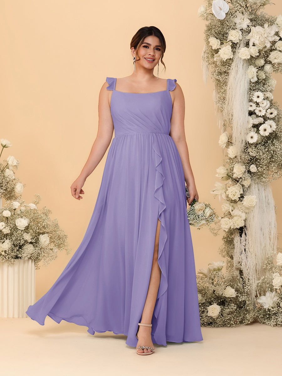 A-Line/Princess Square Neck Sleeveless Plus Size Bridesmaid Dresses With Side Slit &amp; Ruffles