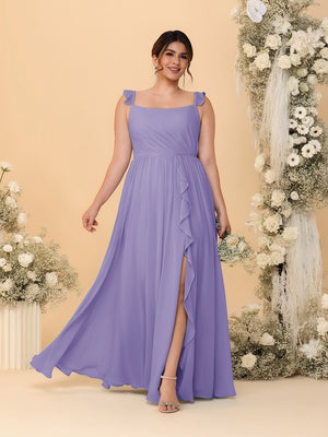 A-Line/Princess Square Neck Sleeveless Plus Size Bridesmaid Dresses With Side Slit & Ruffles