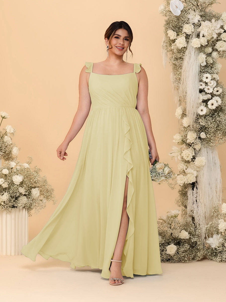 A-Line/Princess Square Neck Sleeveless Plus Size Bridesmaid Dresses With Side Slit &amp; Ruffles