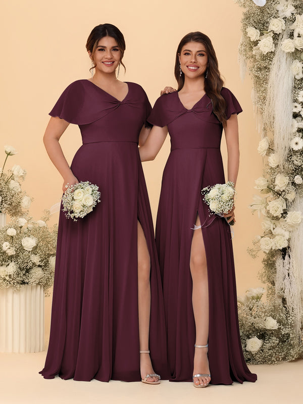 A-Line/Princess V-Neck Short Sleeves Long Chiffon Bridesmaid Dresses With Side Slit