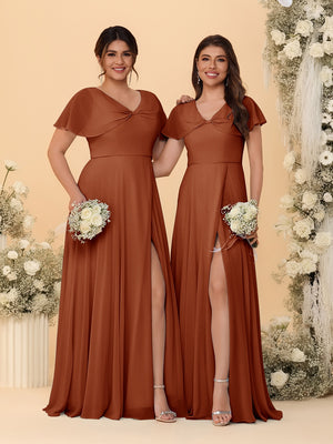 A-Line/Princess V-Neck Short Sleeves Long Chiffon Bridesmaid Dresses With Side Slit