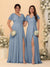 A-Line/Princess V-Neck Short Sleeves Long Chiffon Bridesmaid Dresses With Side Slit