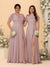 A-Line/Princess V-Neck Short Sleeves Long Chiffon Bridesmaid Dresses With Side Slit