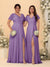 A-Line/Princess V-Neck Short Sleeves Long Chiffon Bridesmaid Dresses With Side Slit