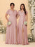 A-Line/Princess V-Neck Short Sleeves Long Chiffon Bridesmaid Dresses With Side Slit