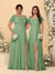 A-Line/Princess V-Neck Short Sleeves Long Chiffon Bridesmaid Dresses With Side Slit