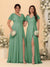 A-Line/Princess V-Neck Short Sleeves Long Chiffon Bridesmaid Dresses With Side Slit