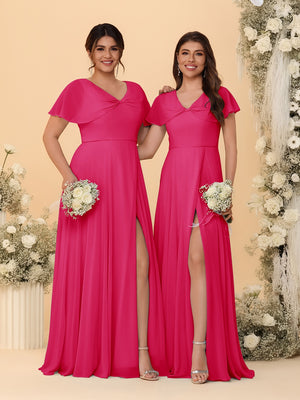 A-Line/Princess V-Neck Short Sleeves Long Chiffon Bridesmaid Dresses With Side Slit