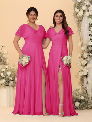A-Line/Princess V-Neck Short Sleeves Long Chiffon Bridesmaid Dresses With Side Slit