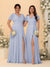 A-Line/Princess V-Neck Short Sleeves Long Chiffon Bridesmaid Dresses With Side Slit
