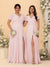 A-Line/Princess V-Neck Short Sleeves Long Chiffon Bridesmaid Dresses With Side Slit
