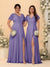 A-Line/Princess V-Neck Short Sleeves Long Chiffon Bridesmaid Dresses With Side Slit