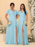 A-Line/Princess V-Neck Short Sleeves Long Chiffon Bridesmaid Dresses With Side Slit