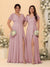 A-Line/Princess V-Neck Short Sleeves Long Chiffon Bridesmaid Dresses With Side Slit
