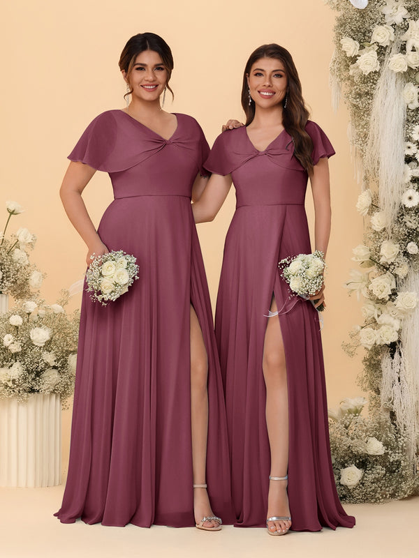 A-Line/Princess V-Neck Short Sleeves Long Chiffon Bridesmaid Dresses With Side Slit