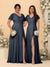 A-Line/Princess V-Neck Short Sleeves Long Chiffon Bridesmaid Dresses With Side Slit