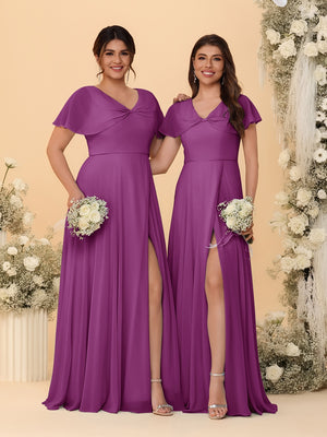A-Line/Princess V-Neck Short Sleeves Long Chiffon Bridesmaid Dresses With Side Slit