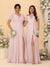 A-Line/Princess V-Neck Short Sleeves Long Chiffon Bridesmaid Dresses With Side Slit