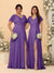 A-Line/Princess V-Neck Short Sleeves Long Chiffon Bridesmaid Dresses With Side Slit