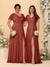 A-Line/Princess V-Neck Short Sleeves Long Chiffon Bridesmaid Dresses With Side Slit