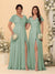 A-Line/Princess V-Neck Short Sleeves Long Chiffon Bridesmaid Dresses With Side Slit