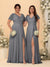 A-Line/Princess V-Neck Short Sleeves Long Chiffon Bridesmaid Dresses With Side Slit