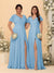 A-Line/Princess V-Neck Short Sleeves Long Chiffon Bridesmaid Dresses With Side Slit