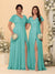 A-Line/Princess V-Neck Short Sleeves Long Chiffon Bridesmaid Dresses With Side Slit