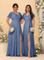 A-Line/Princess V-Neck Short Sleeves Long Chiffon Bridesmaid Dresses With Side Slit