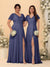 A-Line/Princess V-Neck Short Sleeves Long Chiffon Bridesmaid Dresses With Side Slit