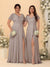 A-Line/Princess V-Neck Short Sleeves Long Chiffon Bridesmaid Dresses With Side Slit