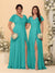 A-Line/Princess V-Neck Short Sleeves Long Chiffon Bridesmaid Dresses With Side Slit