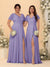 A-Line/Princess V-Neck Short Sleeves Long Chiffon Bridesmaid Dresses With Side Slit