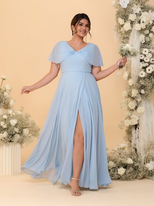 A-Line/Princess V-Neck Short Sleeves Plus Size Bridesmaid Dresses With Side Slit