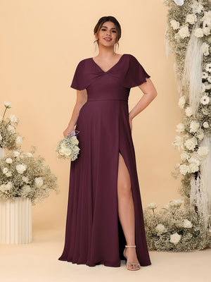 A-Line/Princess V-Neck Short Sleeves Plus Size Bridesmaid Dresses With Side Slit