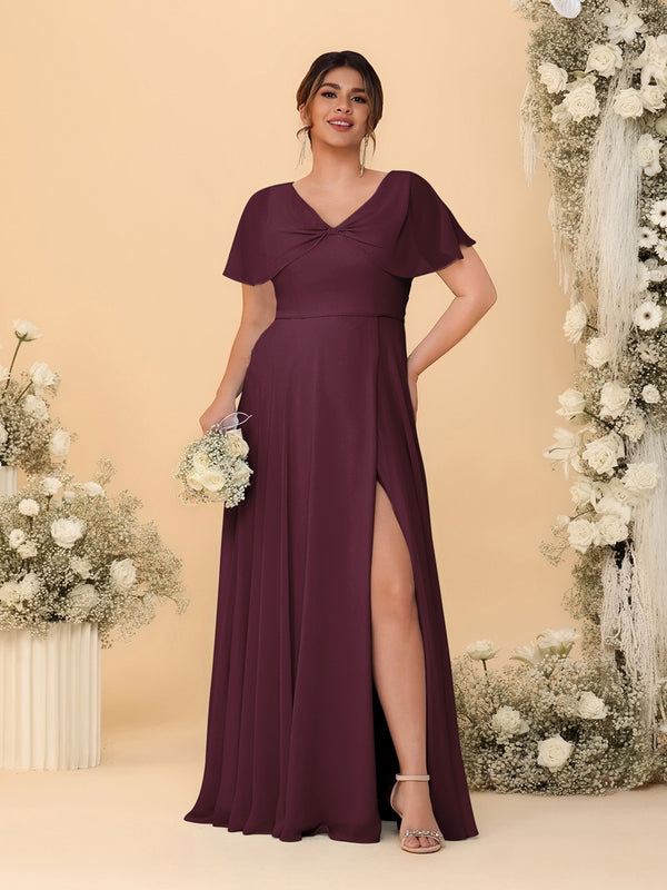A-Line/Princess V-Neck Short Sleeves Plus Size Bridesmaid Dresses With Side Slit
