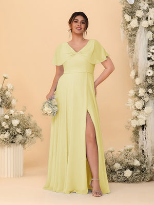A-Line/Princess V-Neck Short Sleeves Plus Size Bridesmaid Dresses With Side Slit