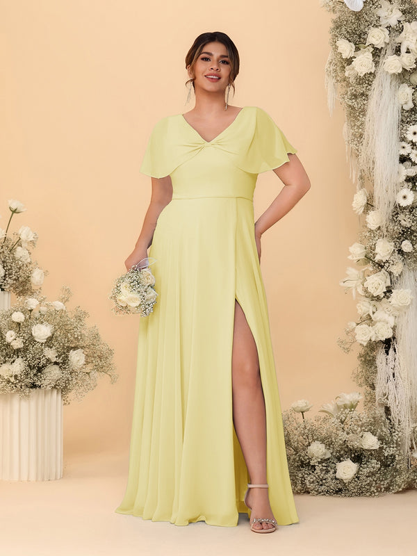 A-Line/Princess V-Neck Short Sleeves Plus Size Bridesmaid Dresses With Side Slit