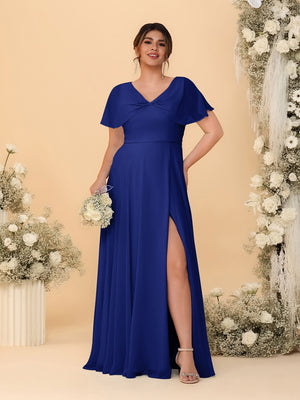 A-Line/Princess V-Neck Short Sleeves Plus Size Bridesmaid Dresses With Side Slit