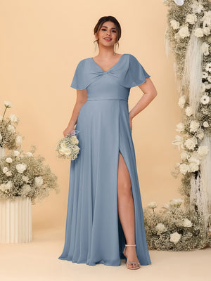 A-Line/Princess V-Neck Short Sleeves Plus Size Bridesmaid Dresses With Side Slit