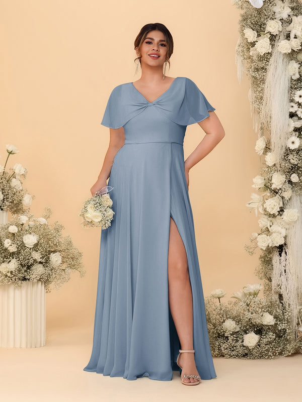 A-Line/Princess V-Neck Short Sleeves Plus Size Bridesmaid Dresses With Side Slit