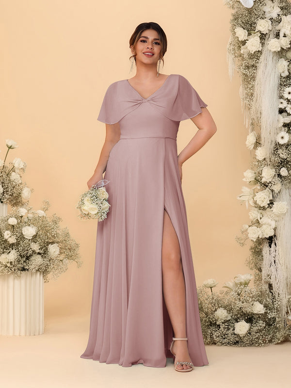 A-Line/Princess V-Neck Short Sleeves Plus Size Bridesmaid Dresses With Side Slit