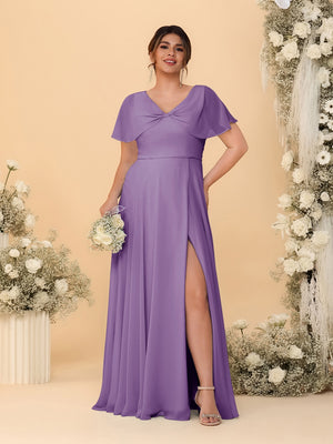 A-Line/Princess V-Neck Short Sleeves Plus Size Bridesmaid Dresses With Side Slit