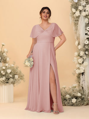 A-Line/Princess V-Neck Short Sleeves Plus Size Bridesmaid Dresses With Side Slit