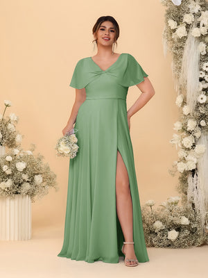 A-Line/Princess V-Neck Short Sleeves Plus Size Bridesmaid Dresses With Side Slit