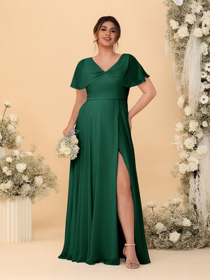 A-Line/Princess V-Neck Short Sleeves Plus Size Bridesmaid Dresses With Side Slit